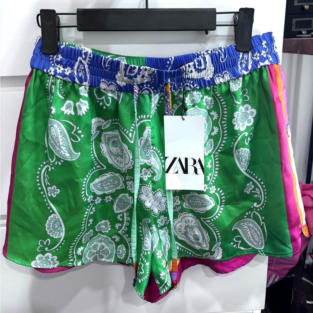 Zara Blue and Green Patterned Silk Shorts